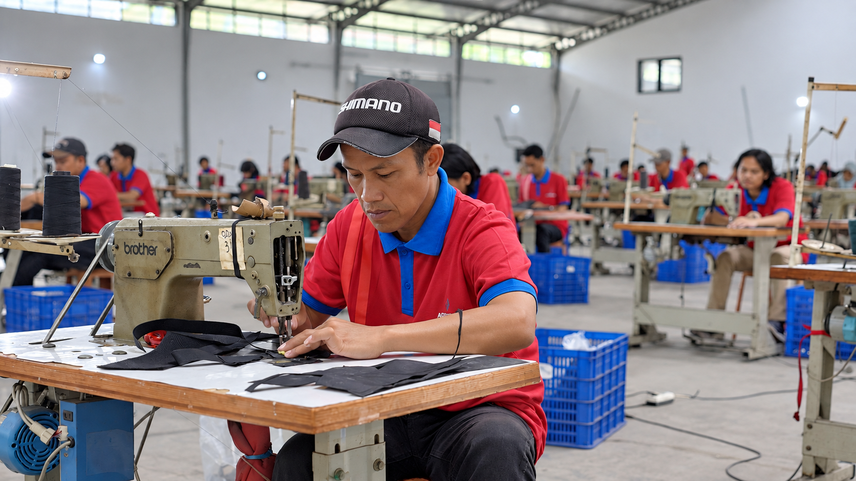 PT Adipura Mandiri craftsman sewing a custom bag in the production workshop