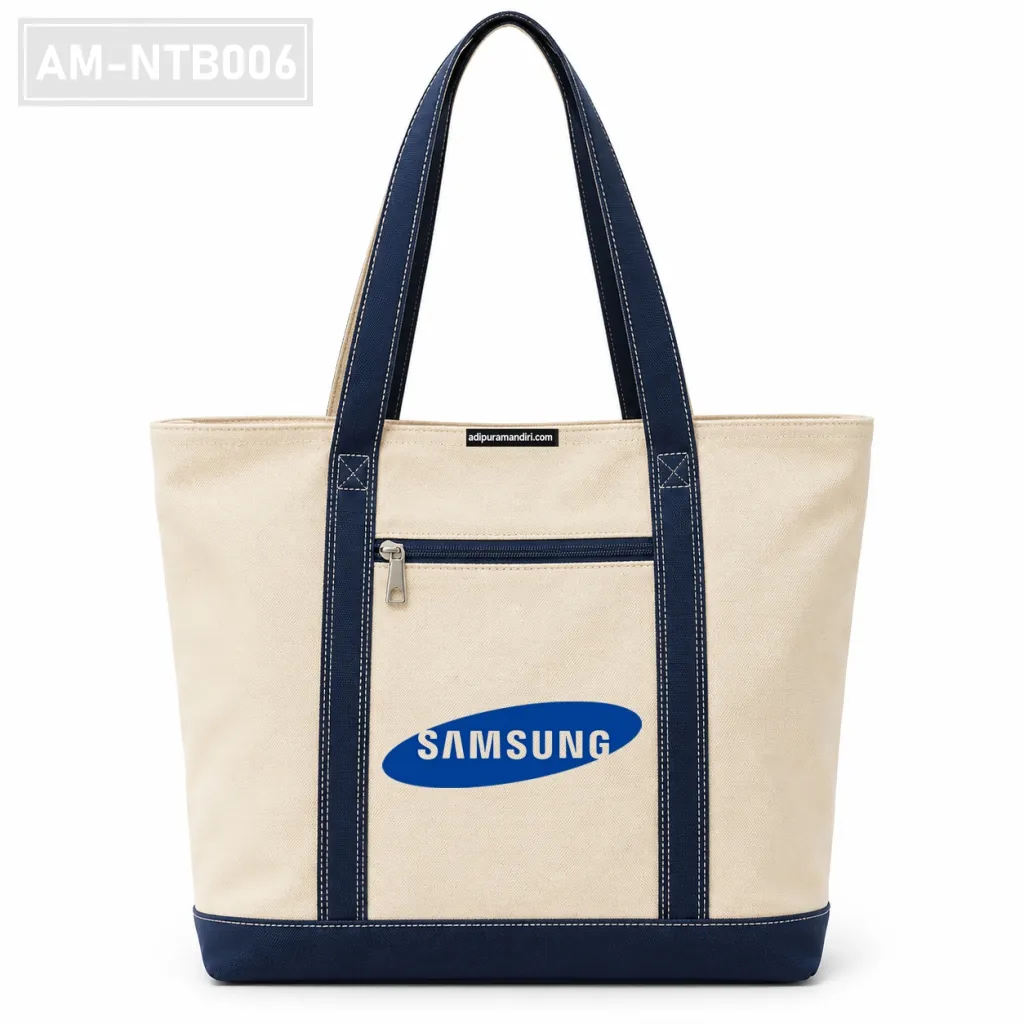 Cream and Navy Canvas Zip-Pocket Tote Bag