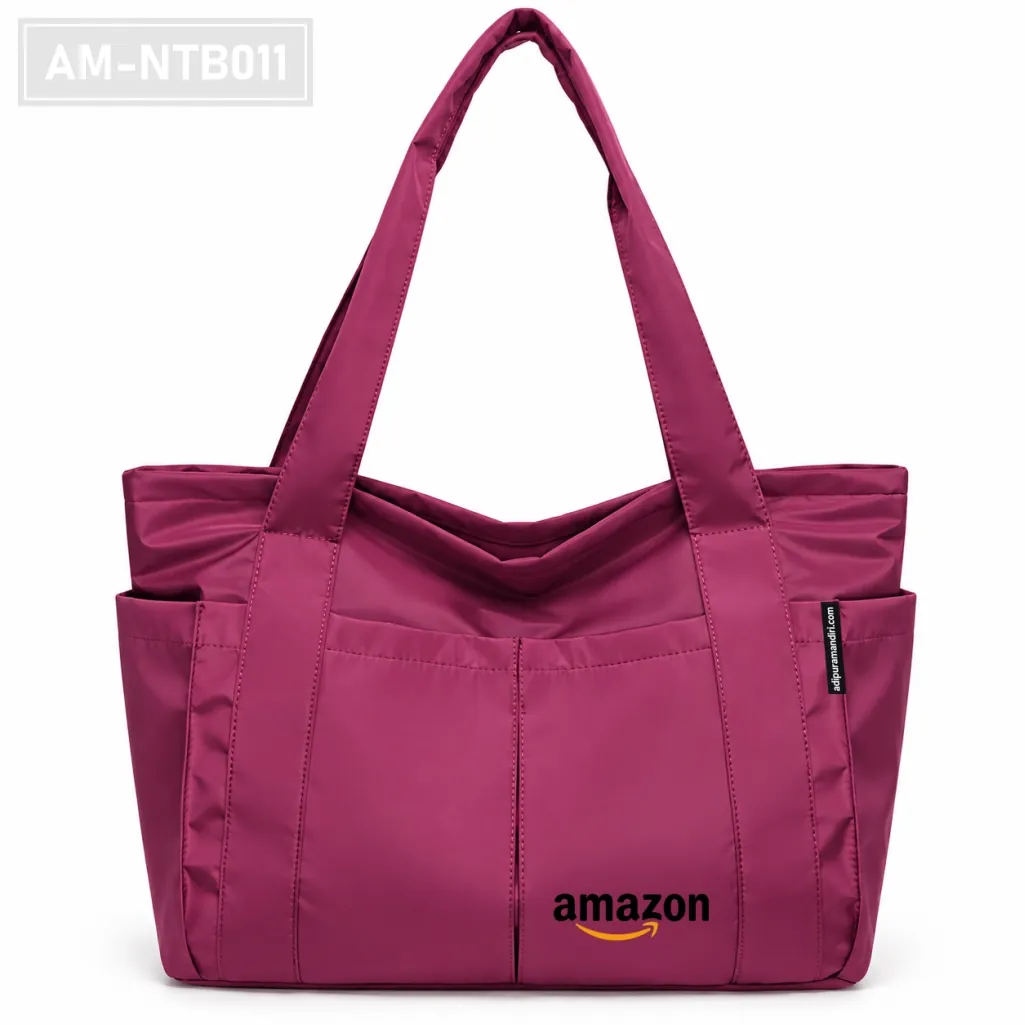 Magenta Burgundy Nylon Multi-Pocket Tote Bag