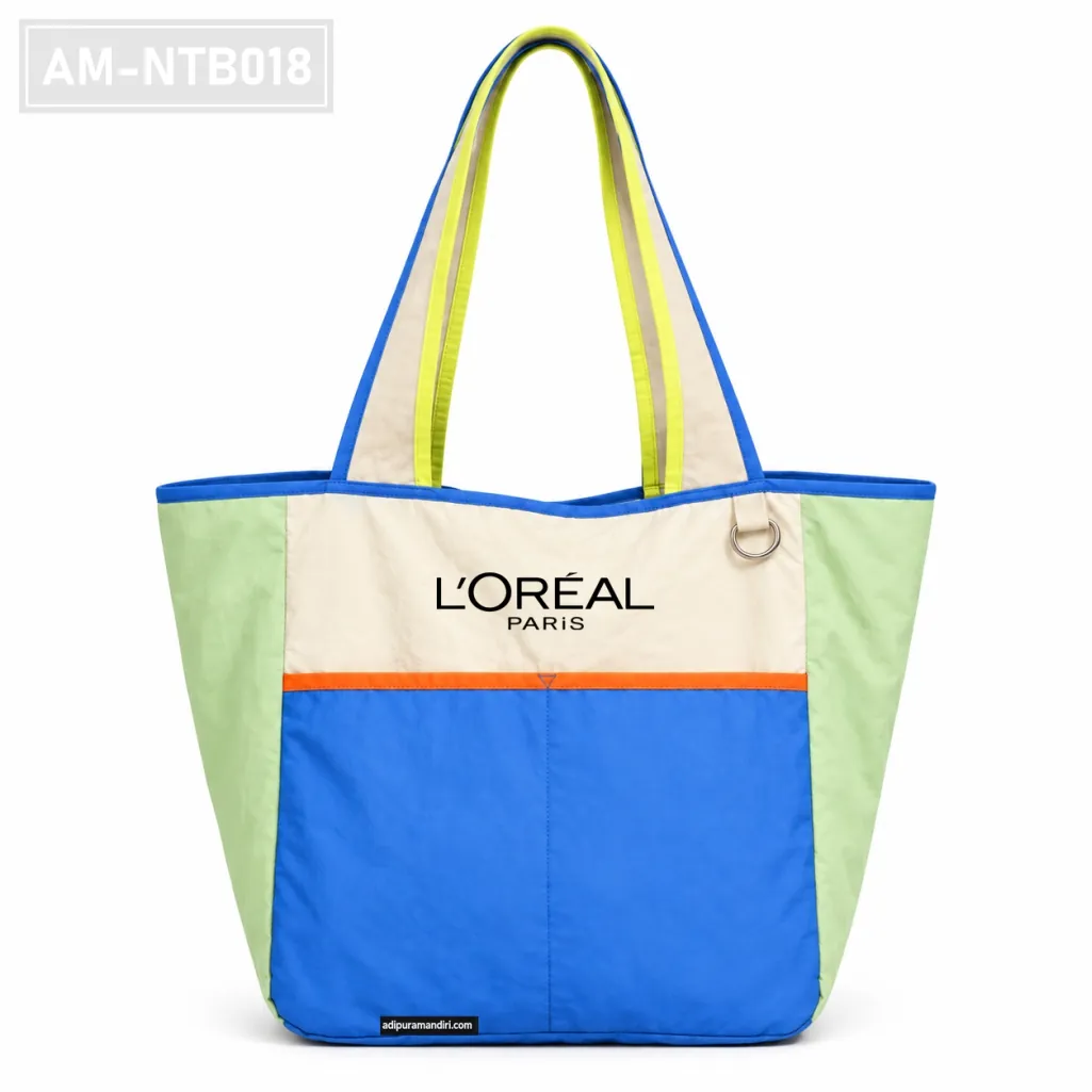 Blue and Green Nylon Colorblock Pocket Tote Bag