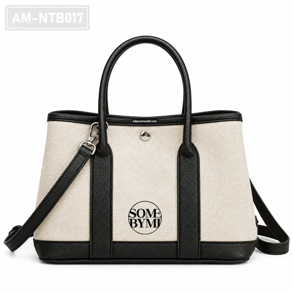 Cream Canvas and Black PU Crossbody Tote Bag