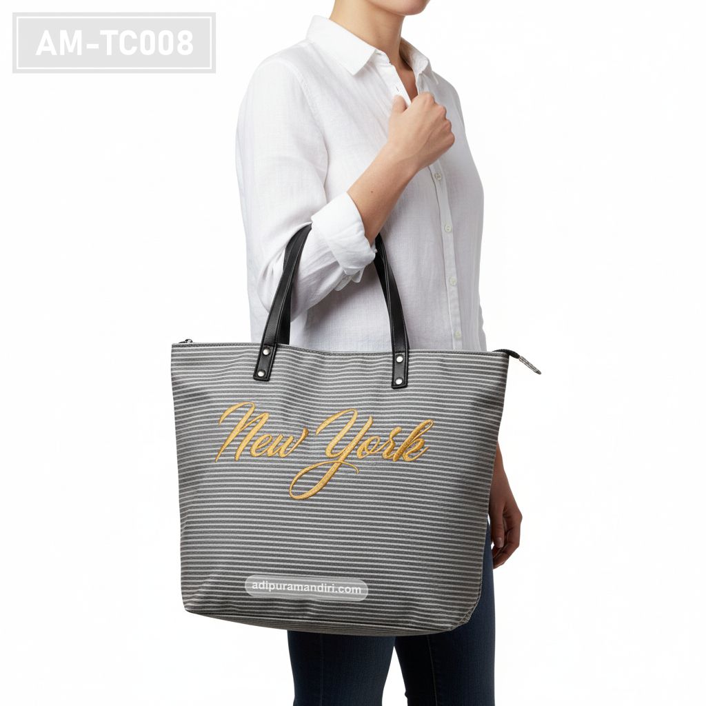 Grey Striped Canvas Tote Bag