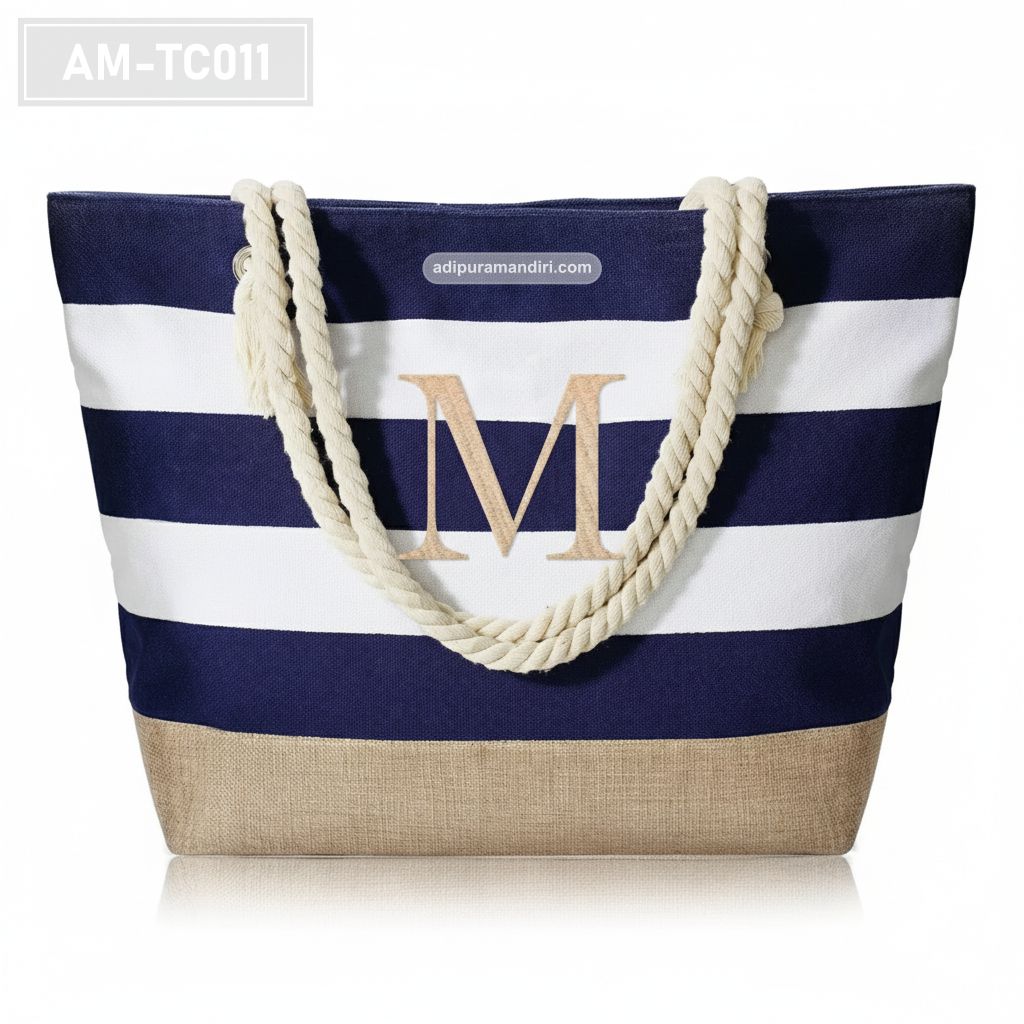 Navy Striped Canvas Beach Tote Bag