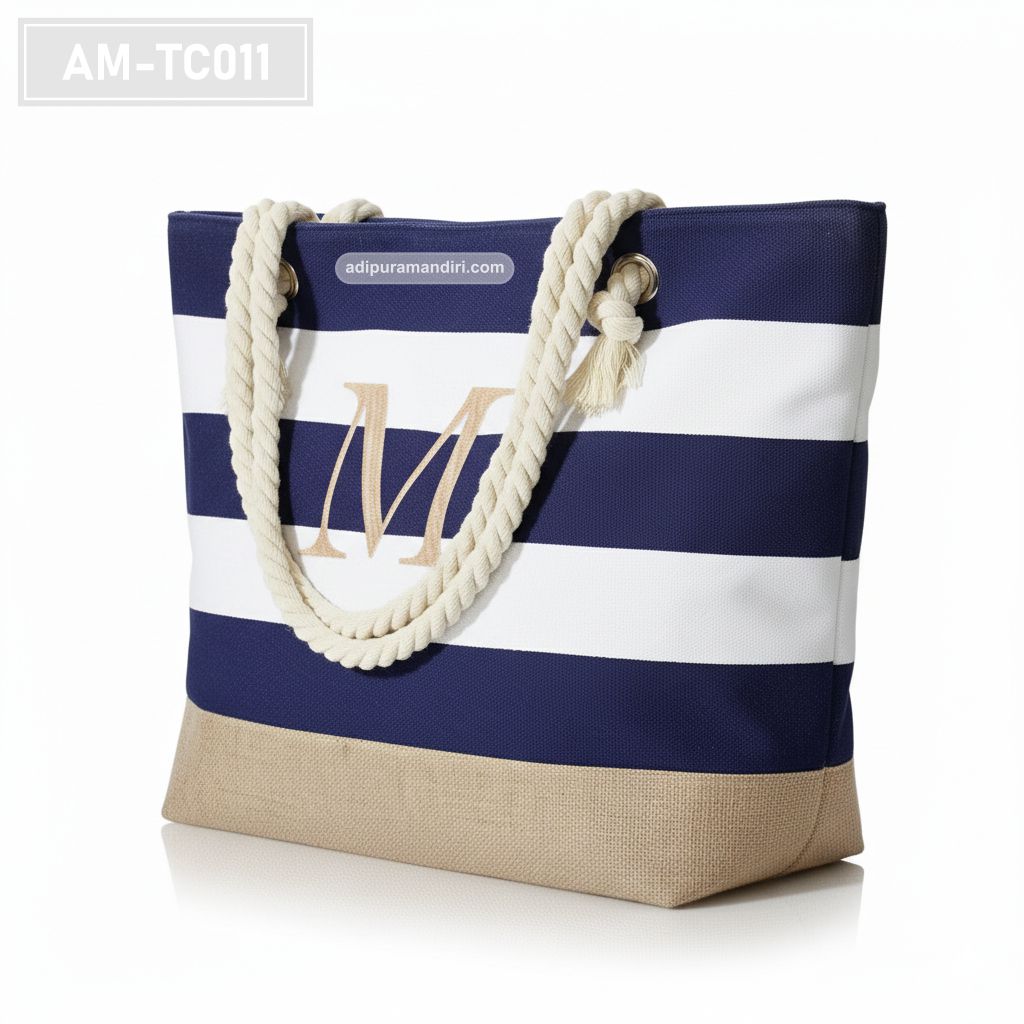 Navy Striped Canvas Beach Tote Bag