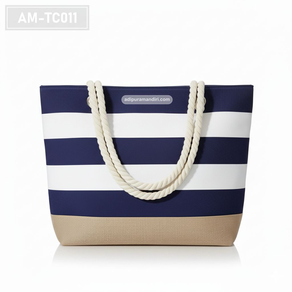 Navy Striped Canvas Beach Tote Bag