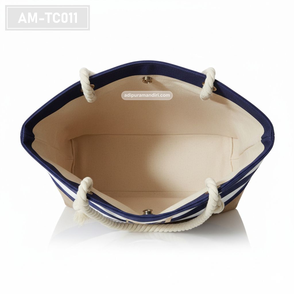 Navy Striped Canvas Beach Tote Bag