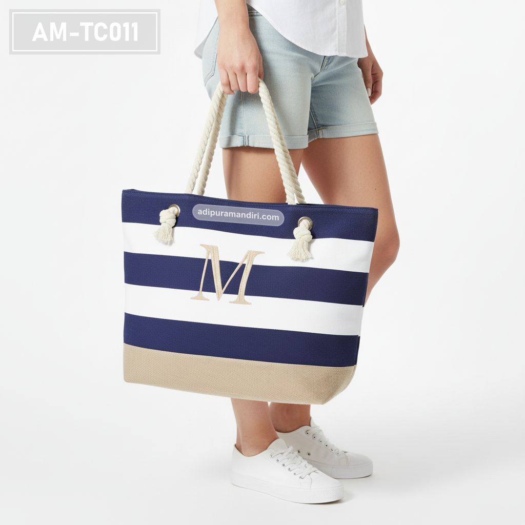 Navy Striped Canvas Beach Tote Bag
