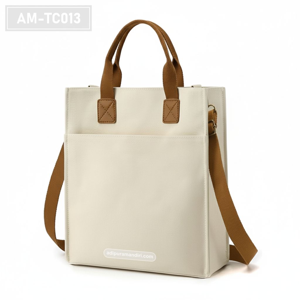 Cream Canvas Tote Bag with Leather Accents