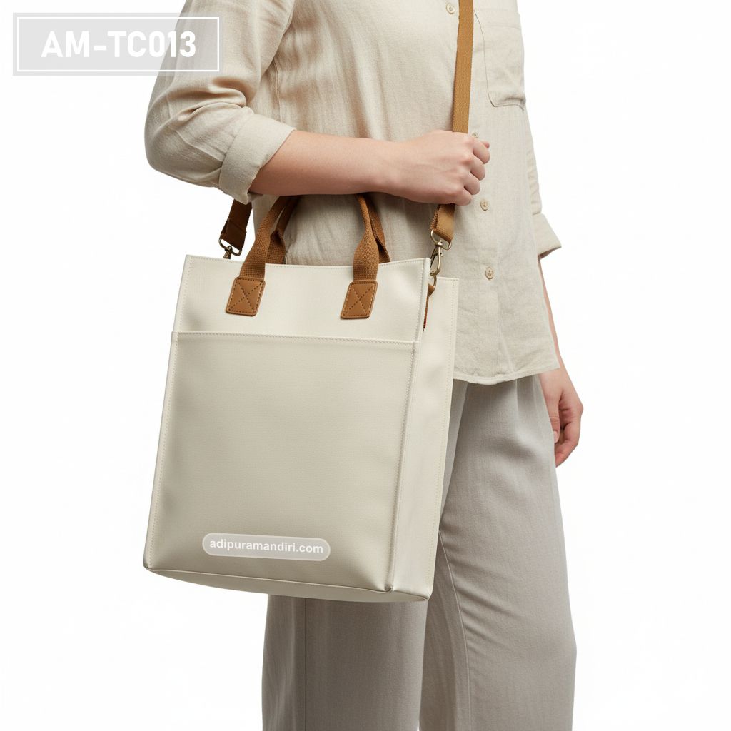 Cream Canvas Tote Bag with Leather Accents