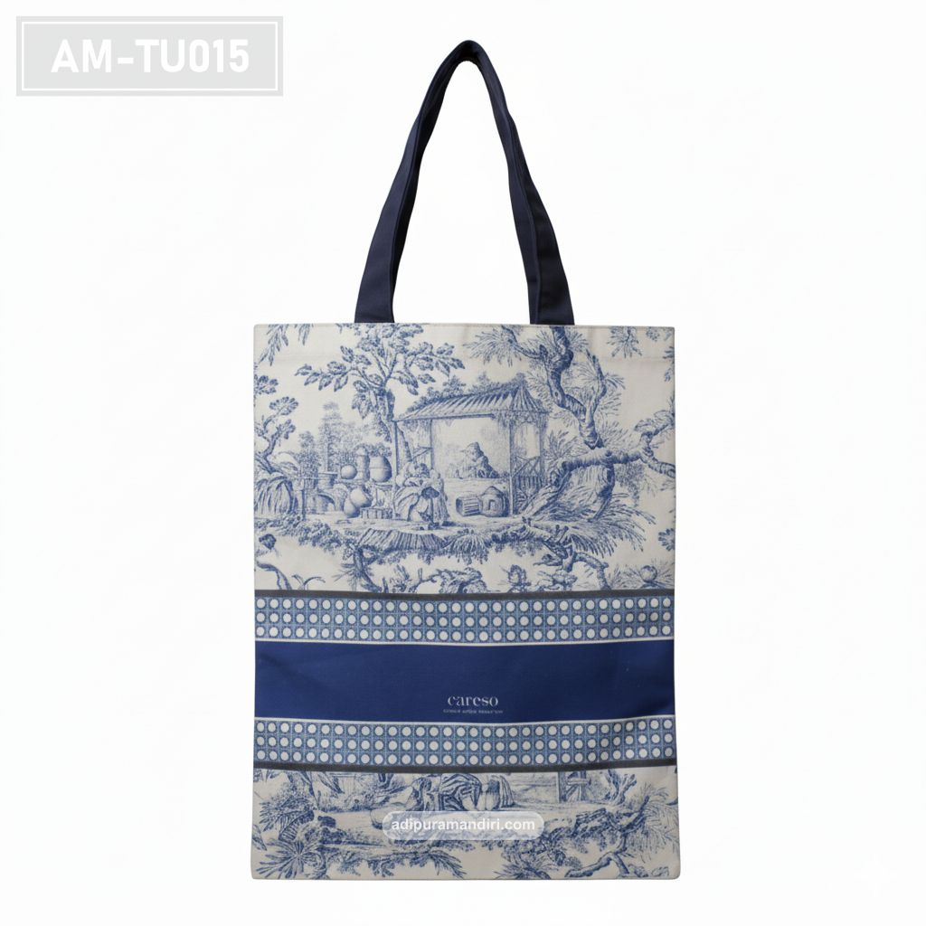 Blue Toile Patterned Spunbond Tote Bag