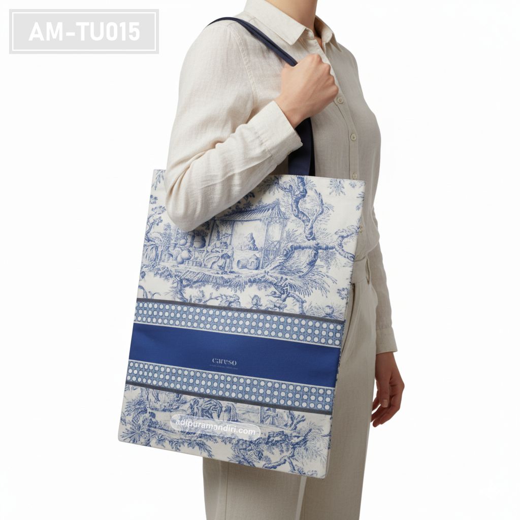 Blue Toile Patterned Spunbond Tote Bag
